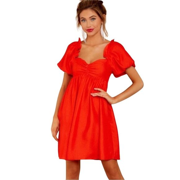 NWOT English Factory Mini Babydoll Dress Short Balloon Sleeves Red L - Picture 1 of 9